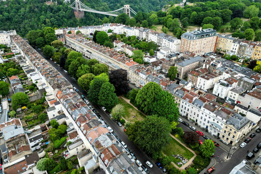 Aerial view of Clifton in Bristol with the Clifton Suspension Bridge, inside the 0117 area
