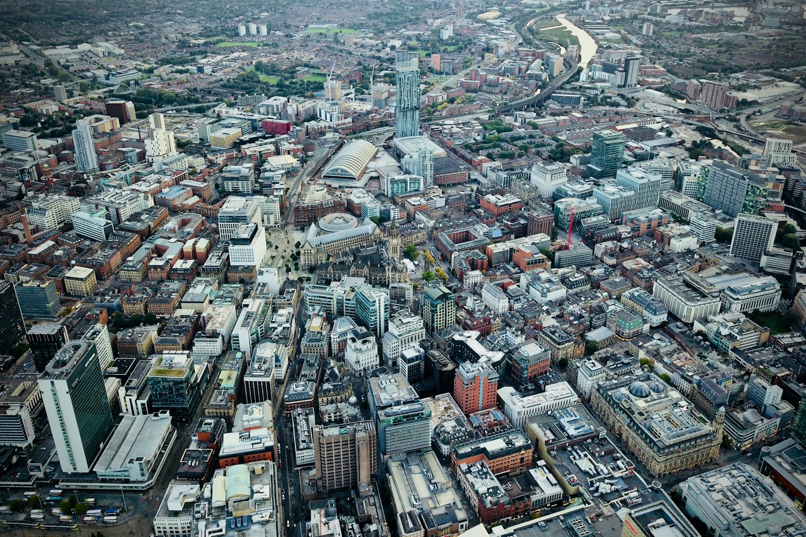 Aerial view of Manchester city centre, the area covered by the 0161 code