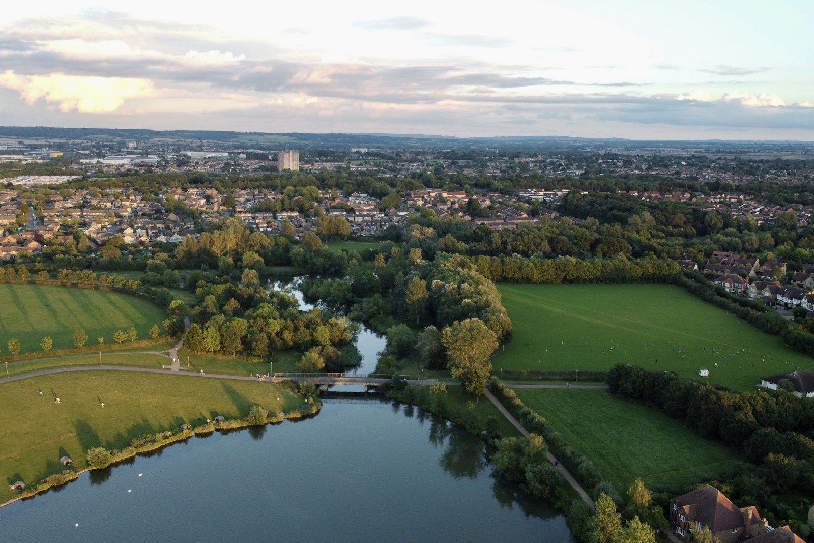 Aerial view of Furzton Lake, Milton Keynes, inside the 01908 area