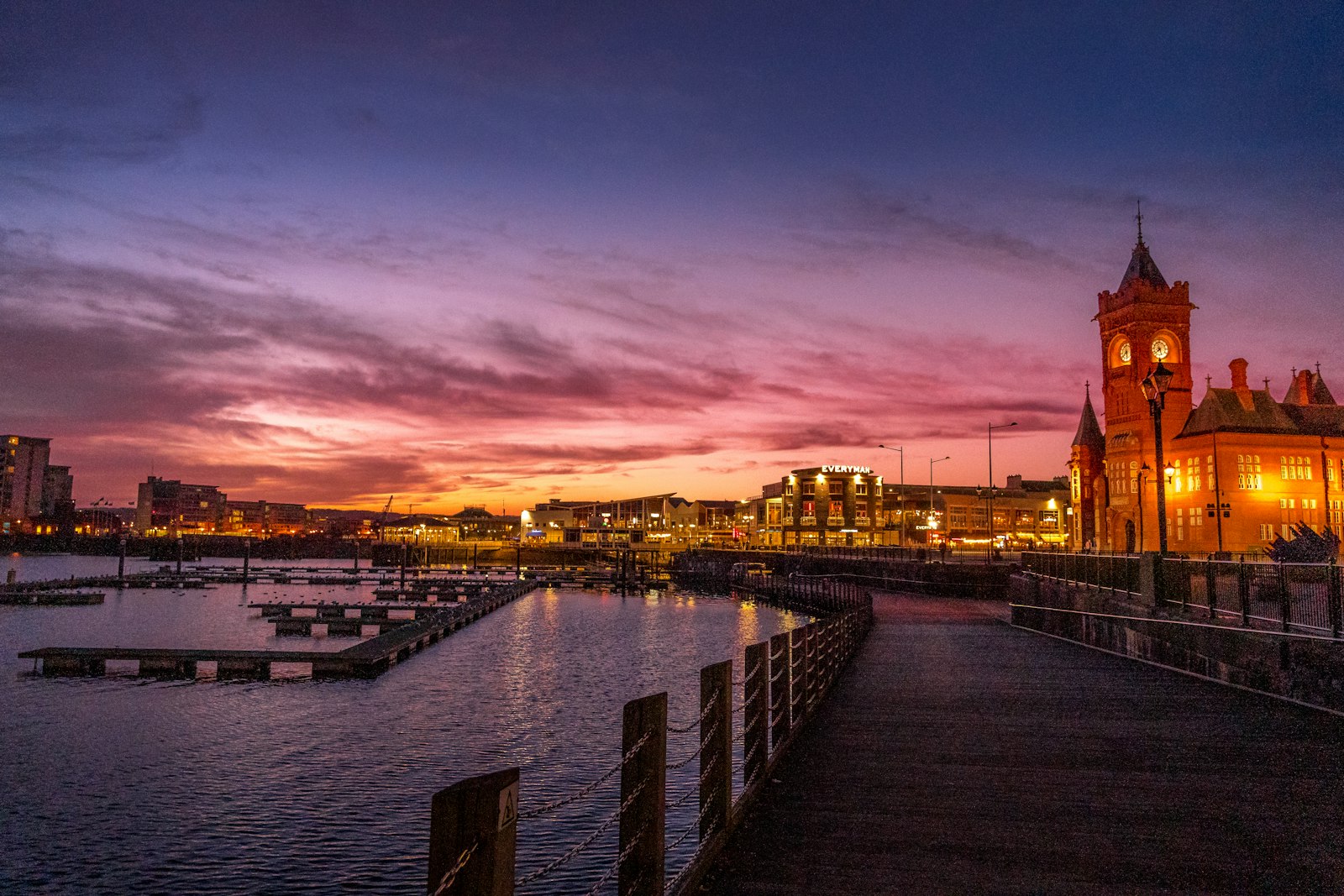 Cardiff Bay waterfront at dusk, inside the 029 area
