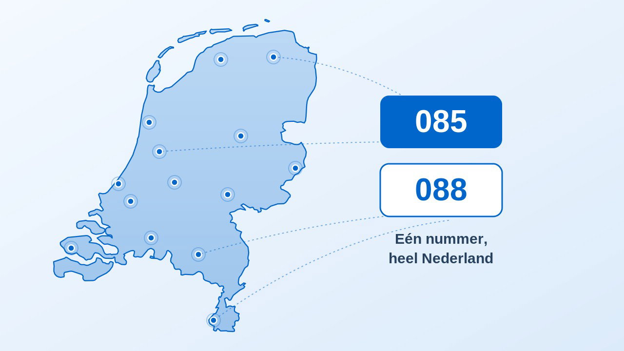 Kaart van Nederland met belpunten in het hele land en de nummerblokken 085 en 088: landelijke nummers zonder regio