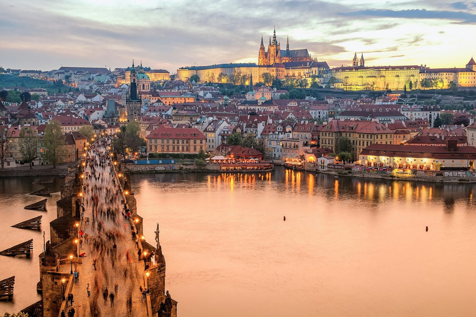 Charles Bridge and Prague Castle at dusk