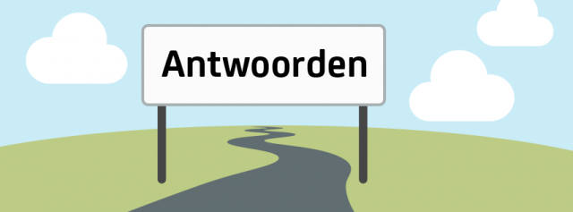 Illustratie van een verkeersbord met het woord Antwoorden langs een kronkelende weg