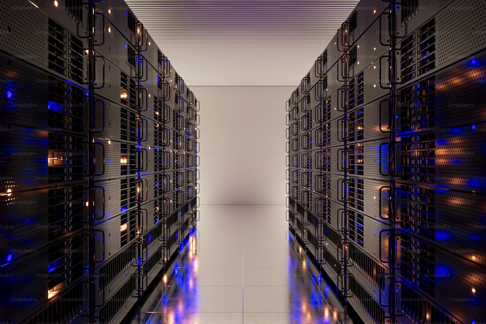 Servers lining a data center hallway