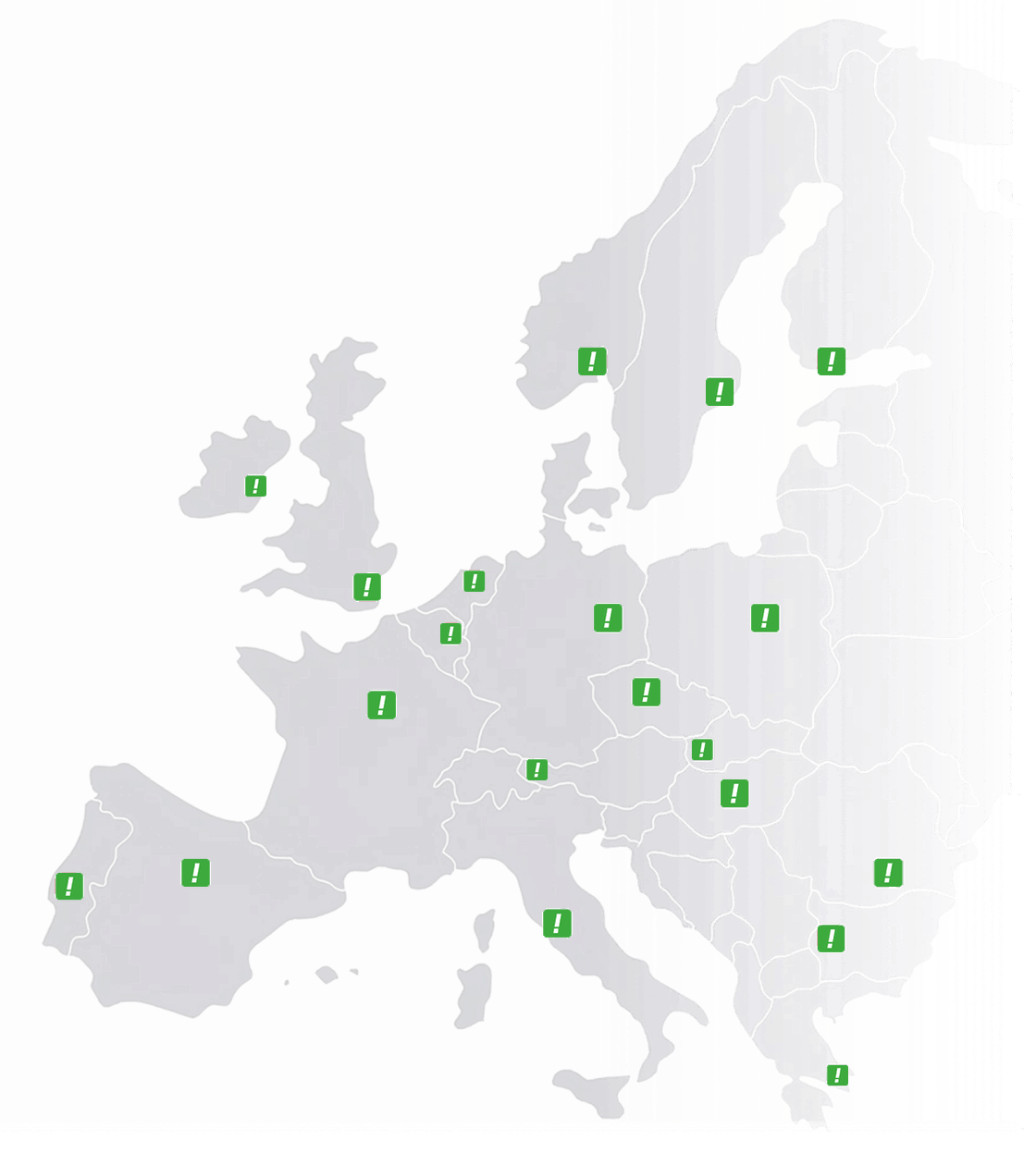 Kaart van Europa met de landen waar Belfabriek nummers levert