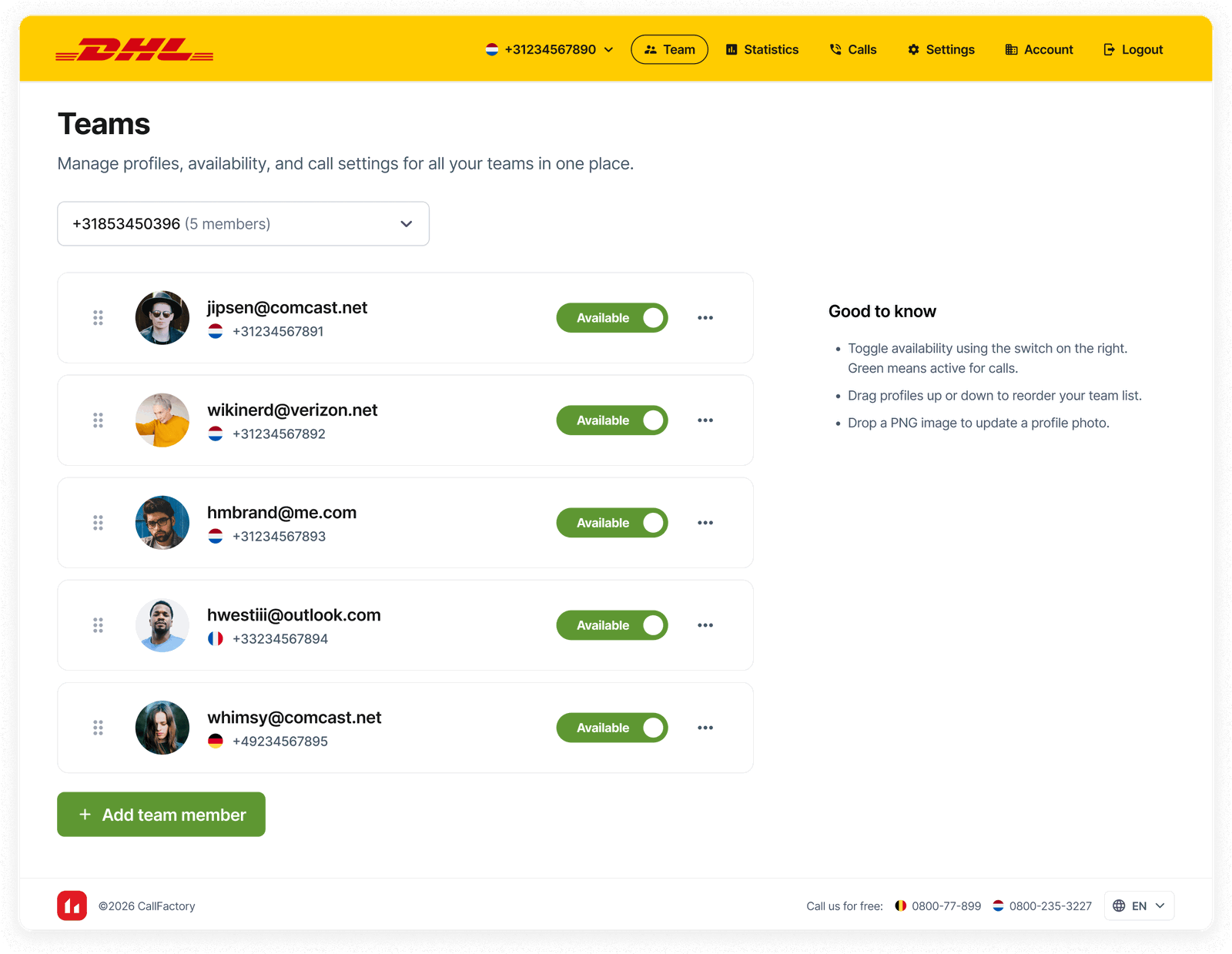 CallFactory web interface team dashboard