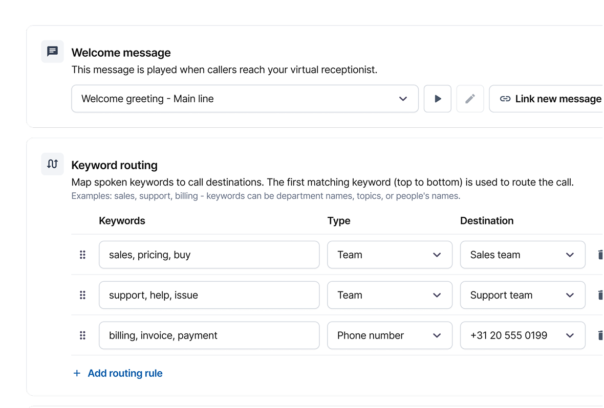 Virtual receptionist routing configuration